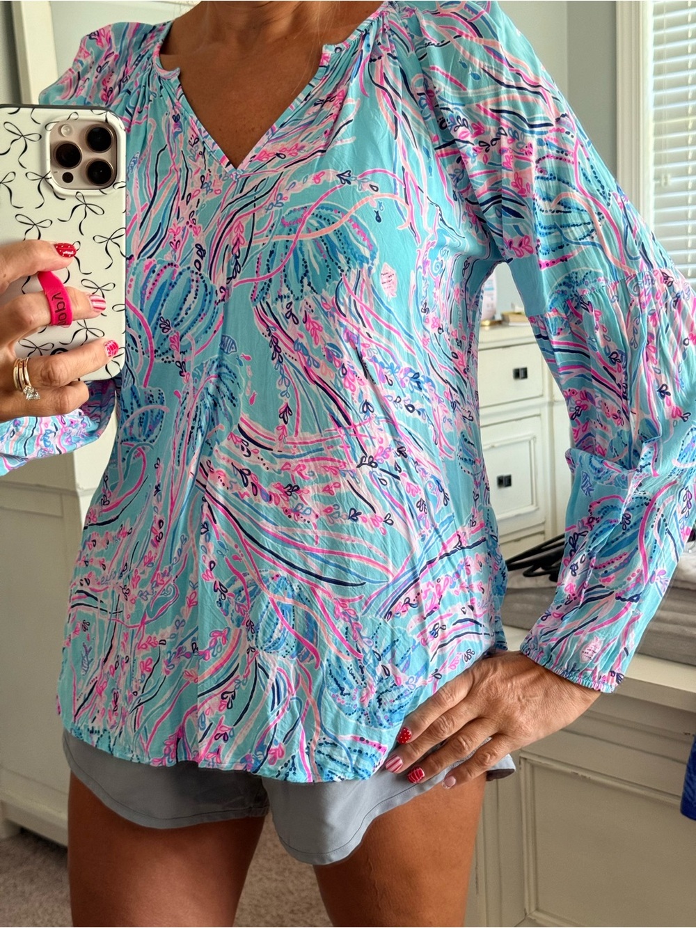 Lilly Pulitzer Aqua Floral V-Neck Tunic with Pink & Blue Print